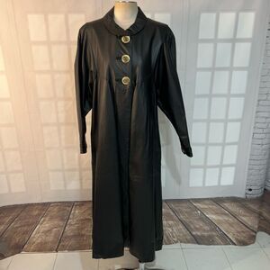 Damselle Black Gold Tone Button Front Long Genuine Leather Coat Size Medium